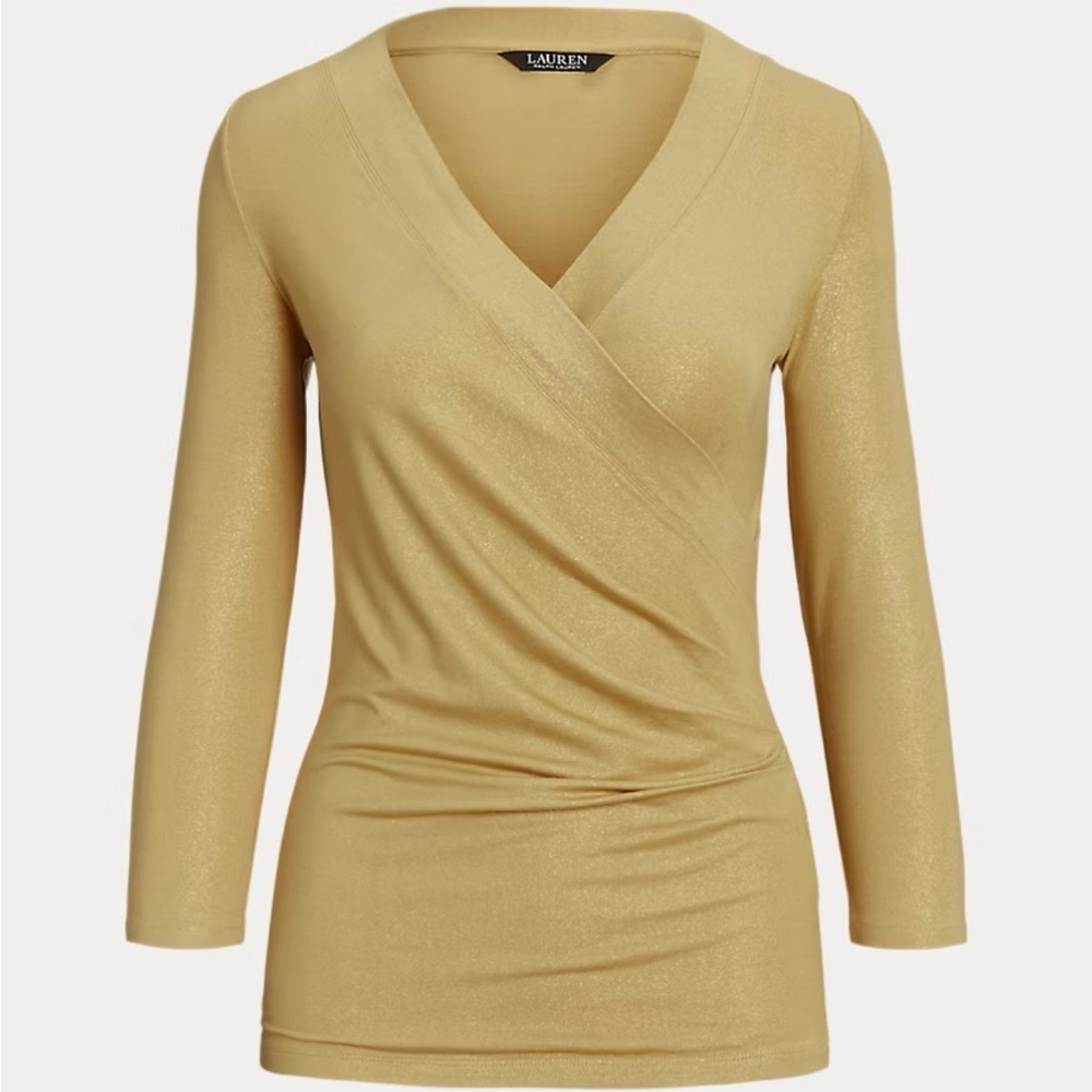 Lauren Ralph Lauren Gold Wrap-Style V-Neck Long Sleeve Top